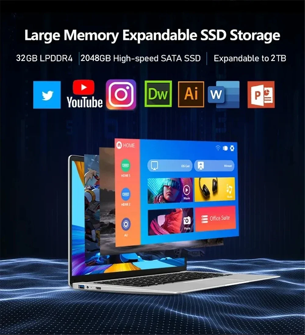 Computador portátil para jogos Intel Windows 11 Pro Office, Desbloqueio de impressão digital, Teclado retroiluminado, N5095, 16 GB, 32GB RAM, 1024GB
