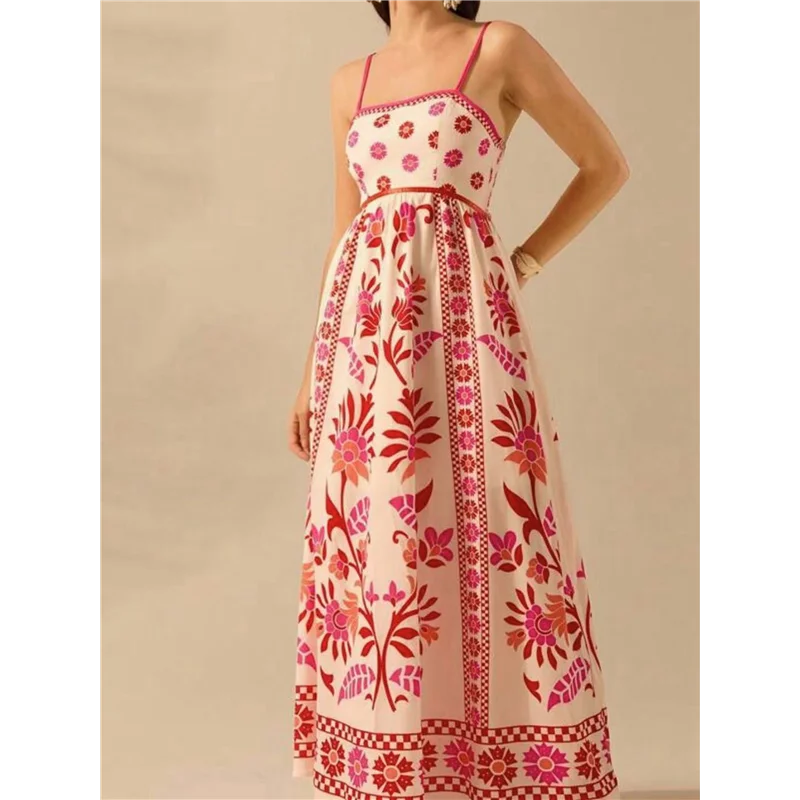 ABP-Vestito lungo floreale estivo da donna 2025, senza maniche, con cinturino per spaghetti, abito lungo da spiaggia Boho smock stampato
