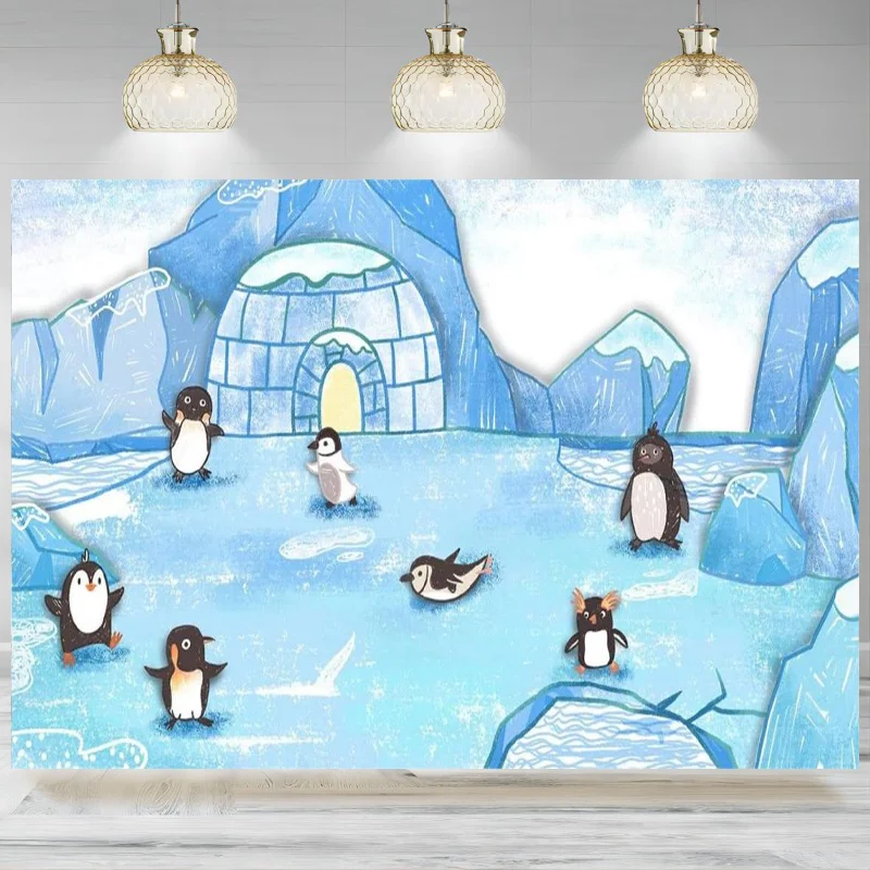 ペンギン写真の背景、漫画の背景、子供がテーマの誕生日パーティー、ベビーシャワーバナー、冬の動物の装飾
