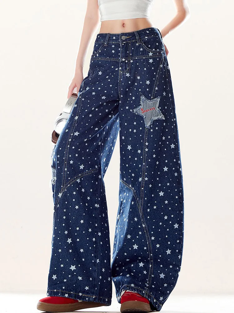Stars Print American Jeans Women High Waist Y2K Streetwear Denim Pants Loose Hip Hop Vintage Casual Bf Harajuku Letter Trousers