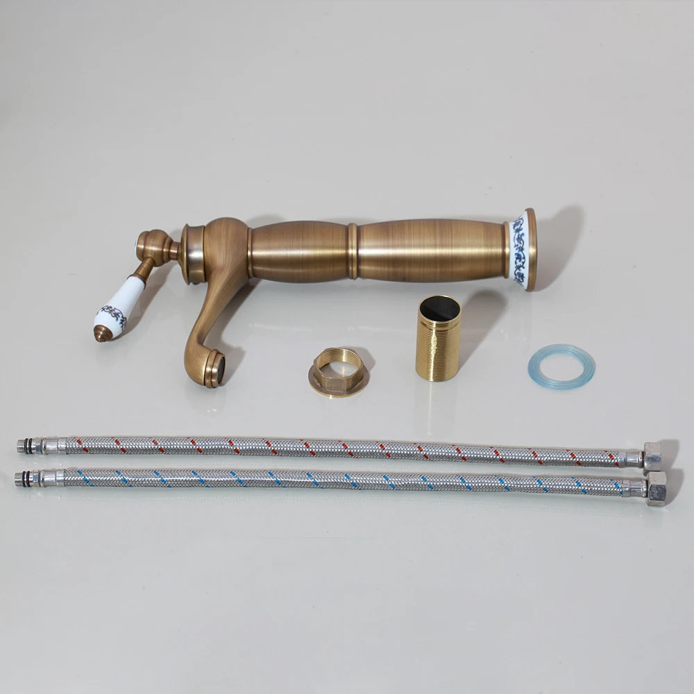 SINLAKU Luxury Bathroom Basin Faucet Antique Brass Vessel Sink Single Ceramic Handle Hot Cold Water Mixer Taps Deck Mounted