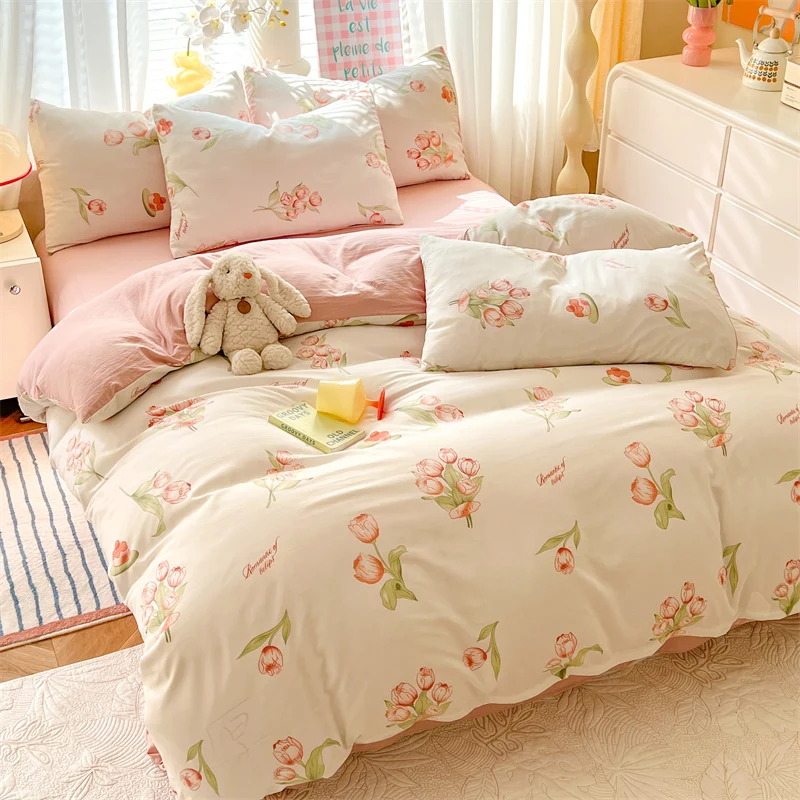 3pcs Pink Tulip Duvet Cover Set, Girls Women Bedroom Plant Flower Decoration Queen Bedding, Letter Printing King Comforter Cover