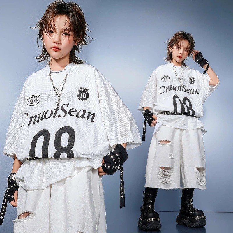 

Hip Hop Boys Mesh T-shirt Street Dance Ripped Fashion Shorts Streetwear Group Jazz Stage Performance Costume K-pop Clothes Set