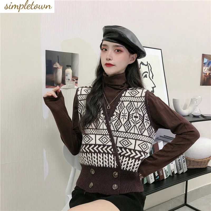 2023 Retro Design V-Neck Contrast Jacquard Knitted Vest Women's Spring and Autumn New Double Breasted Knitted Sweater