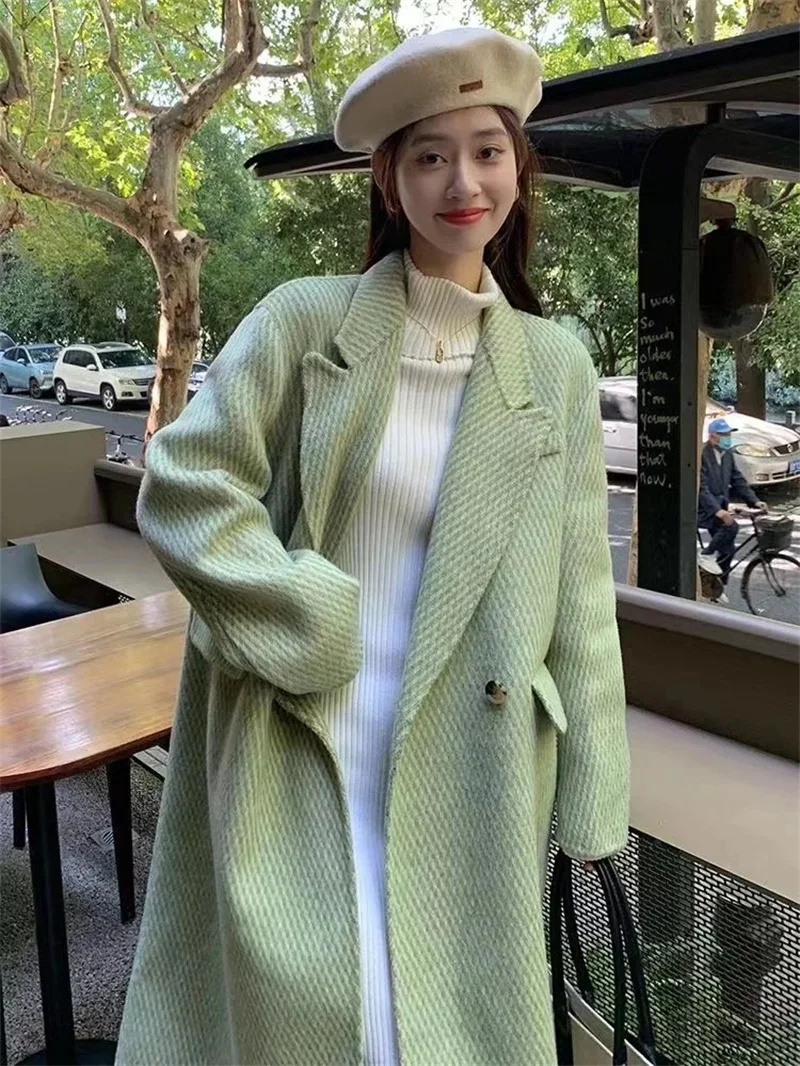 2025 Autumn and Winter New Coat Women's Korean Suit Collar Long Green Fashionable and Stylish Loose and Slimming Woolen Coat WLF