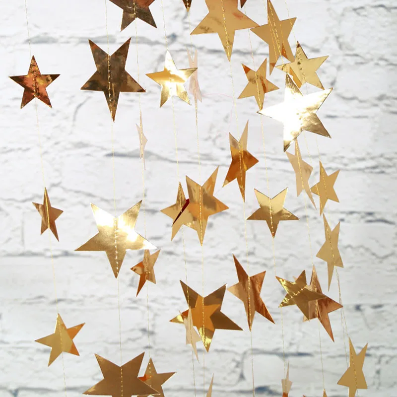 4M Bright Gold Silver Paper Garland Star String Banners Wedding Banner for Party Home Wall Hanging Decoration Baby Shower Favors