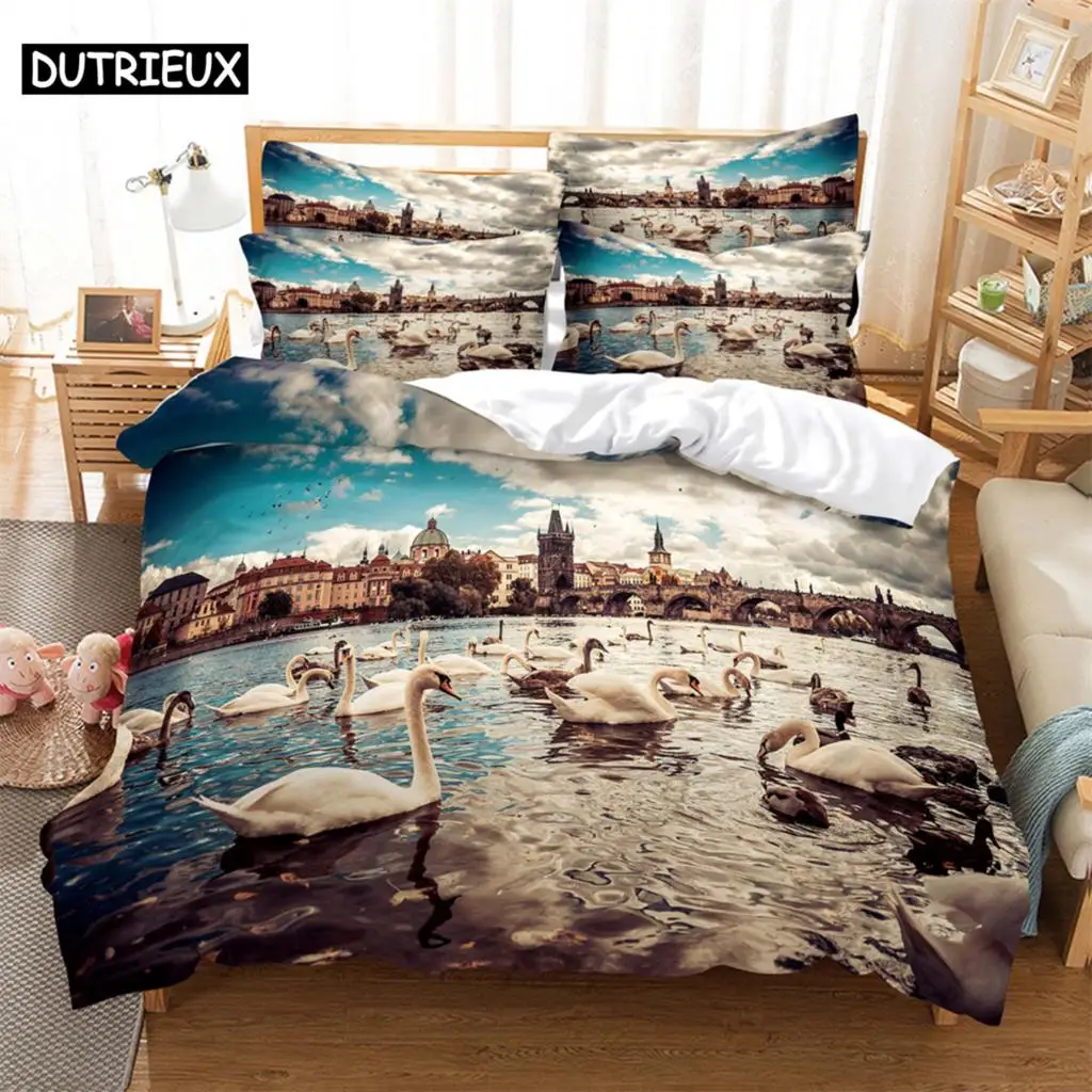 

3D Digital - Printed White Swan - Themed Super King - Sized Bedding Set with Pillowcase and Comforter for Home Textiles