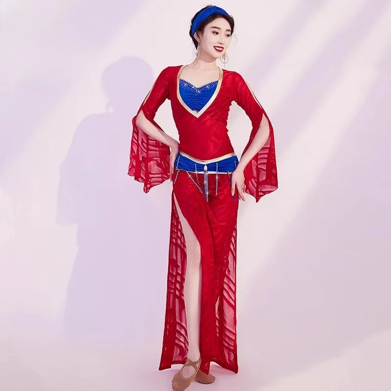 맞춤형 새로운 밸리 댄스 의상 점프 슈트 baladi 가운 댄스 공연 의상 메쉬 롱 드레스 블랙 레드 스플릿 스커트