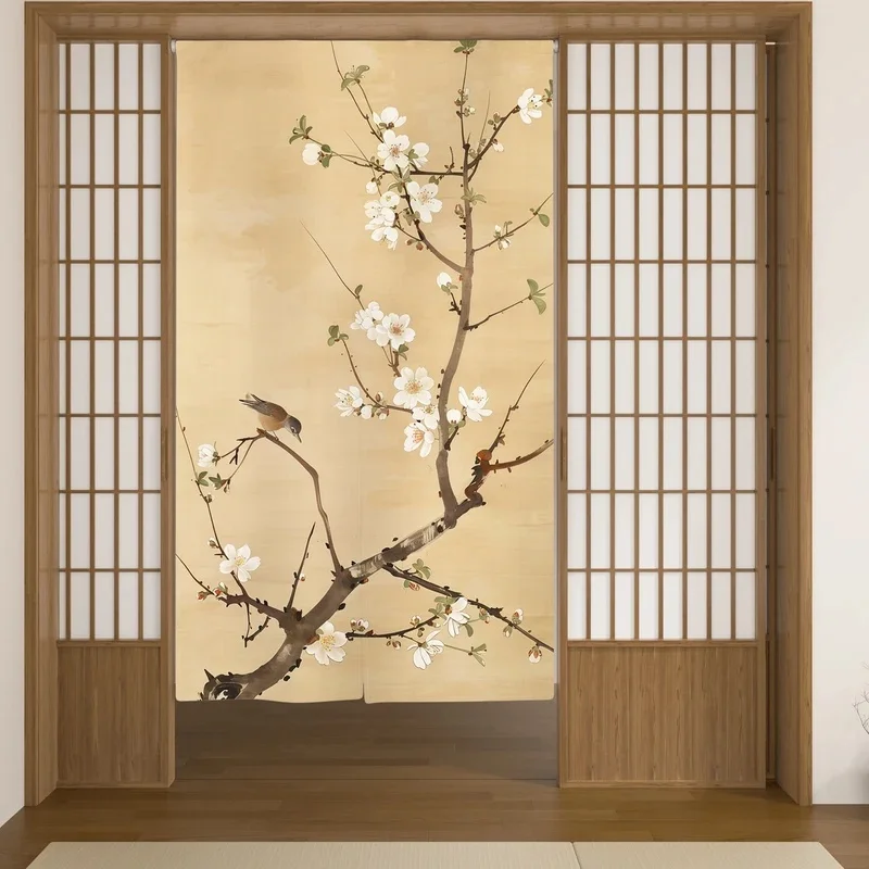 VIKAMA Chinese Style Noren Door Curtain Ink Painting Plum Blossom Bird Print Fabric Room Divider Curtain for Home Decor