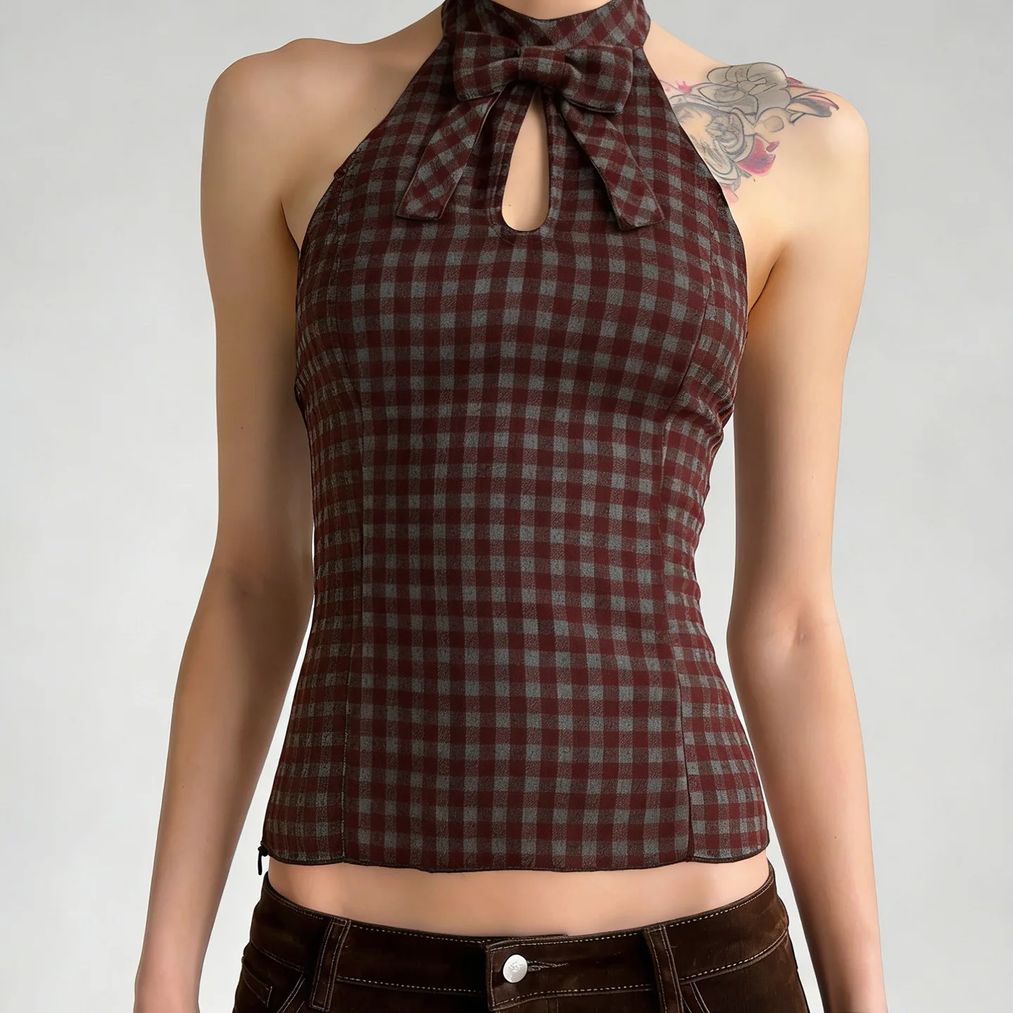 French vintage halter tank top women clothing elegant plaids checkered bow patch sleeveless crop top backless camis streetwear
