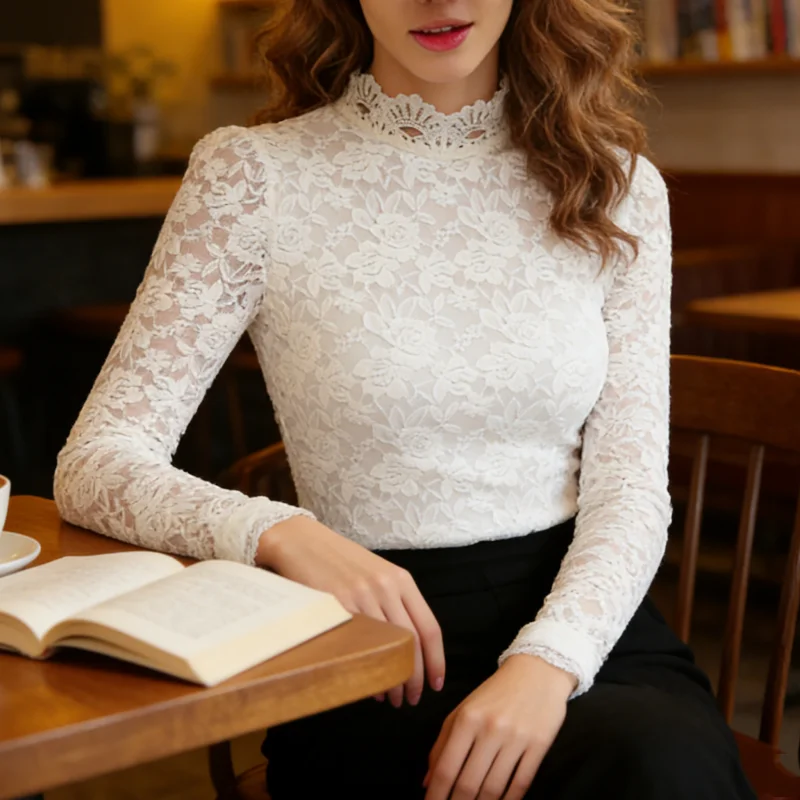 

Белая женская блузка с воротником-стойкой 2026: модная, элегантная, с кружевными вставками, ажурная, осенняя, с длинным рукавом
