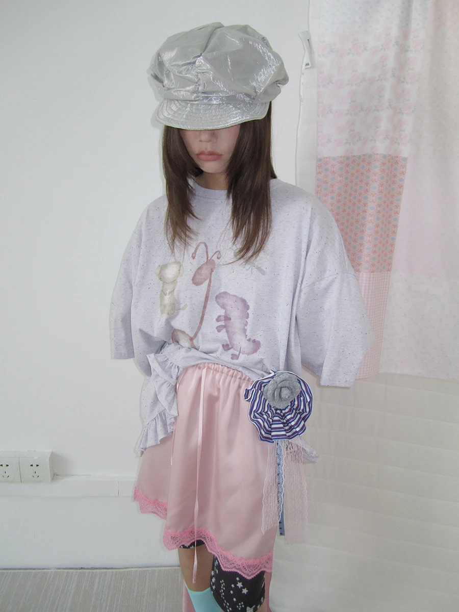 

Summer New Korean Sle Design Loose Women's T-irt Cartoon Print Flounce Hem Versatile Cotton Blend ort Sve round Ne