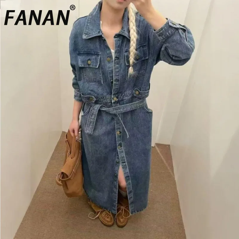 

FANAN синее платье в стиле ретро на шнуровке, женское свободное уличное платье с лацканами и длинными рукавами, шикарные женские платья, осенняя мода, новый джинсовый материал