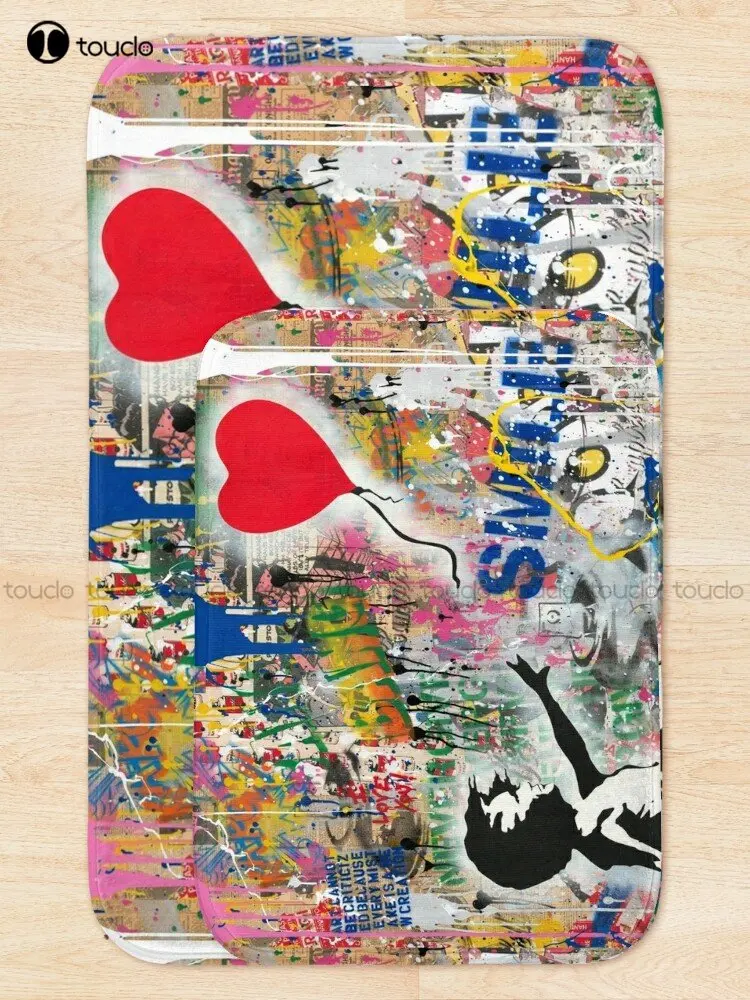 Balloon Girl Street Art Mashup Mr Brainwash, Banksy Bath Mat Grey Carpet