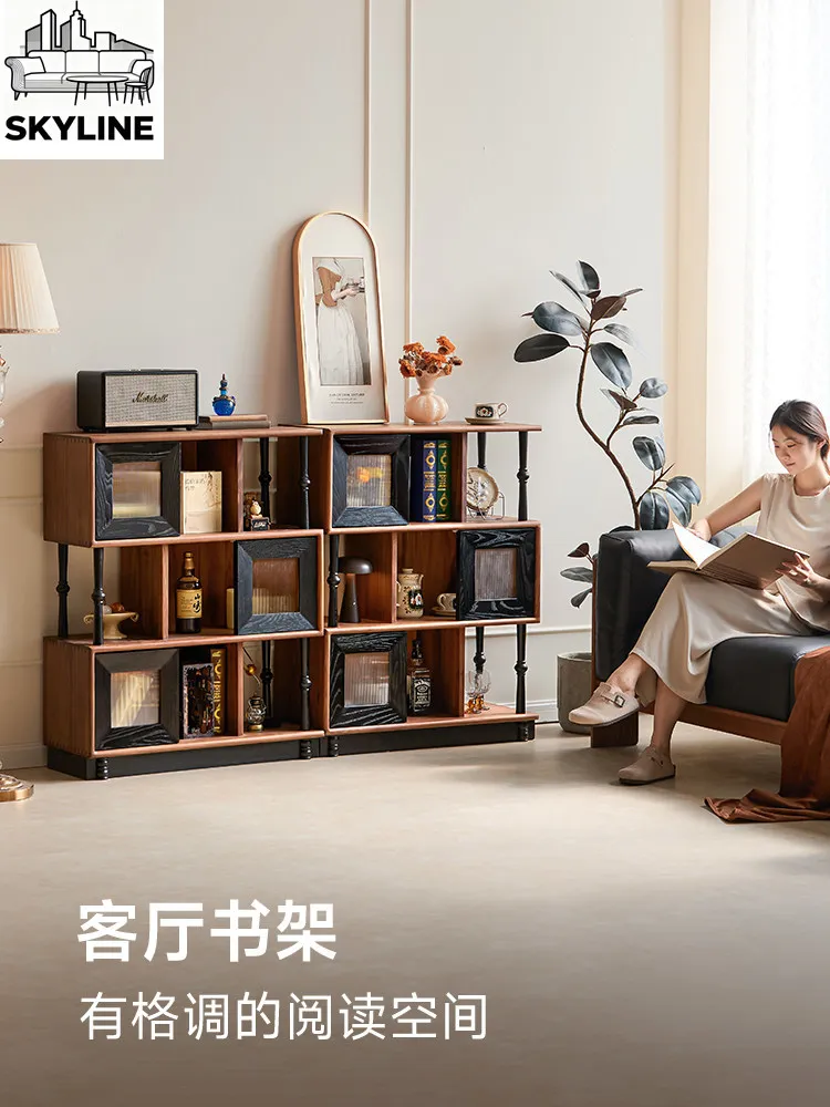 Retro Contrast Color Black Walnut Solid Wood Low Bookcase, Multi-scene Side Cabinet for Entryway & Living Room Deco