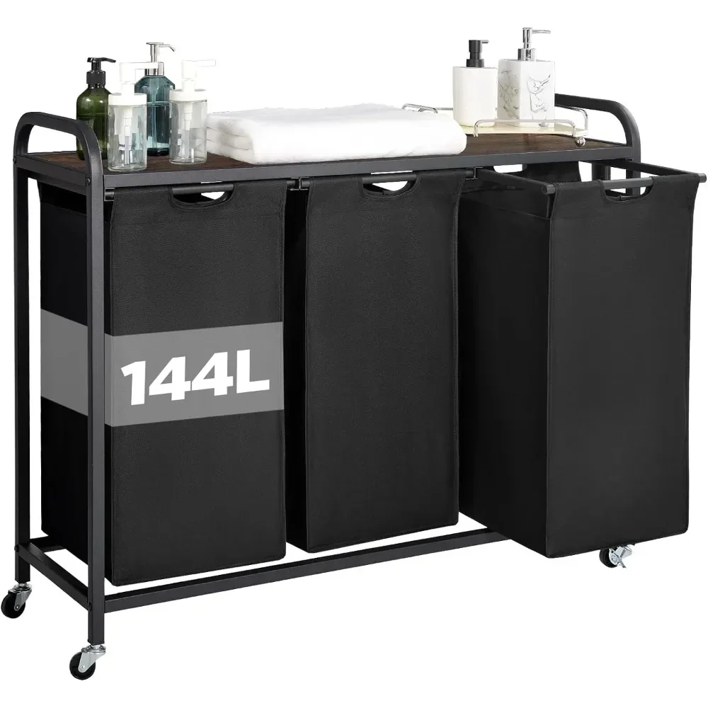 

SAT Laundry Basket 3 Section,Laundry Sorter with Top Shelf, Upgrade larger Rolling Basket with 3 Pull-Out Organizer Bags and Whe