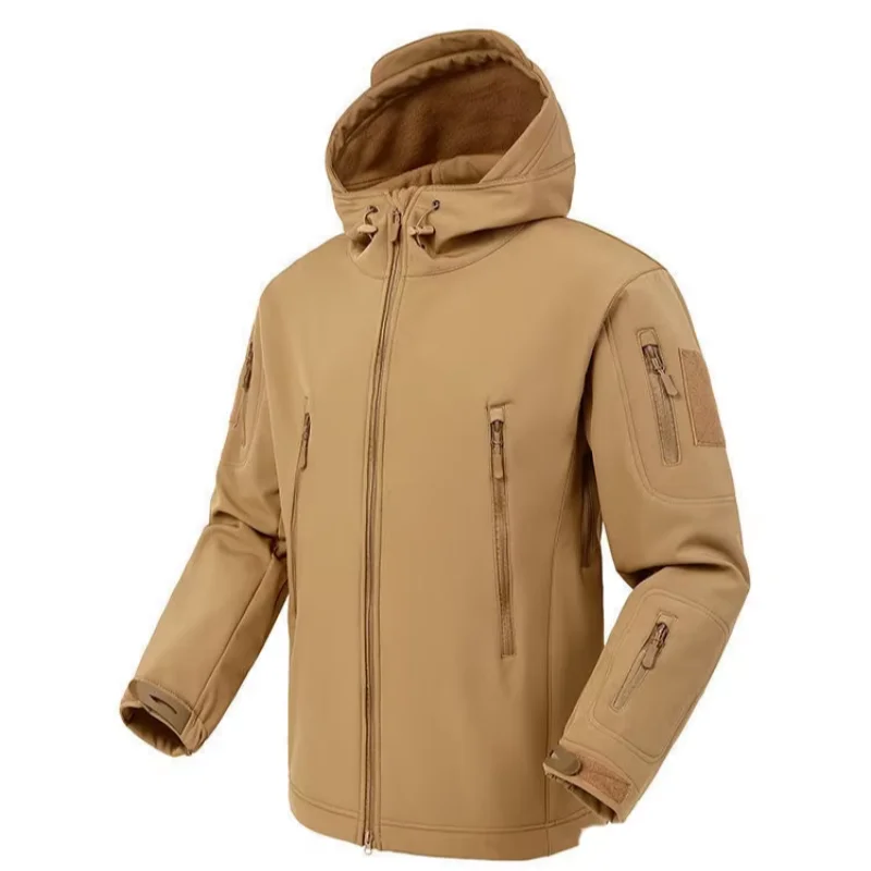 2025 New Multiple Pockets Outdoor Sharkskin Softshell Rushing Jacket Suit Men's Fan Windproof Padded Mountaineering Jacket