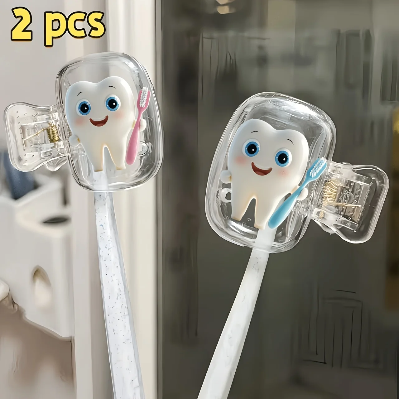 2pcs Cartoon Tooth Toothbrush Holder Set Portable Toothbrush Clip Protective Cover Stylish Storage Gifts for Home Friends Couple