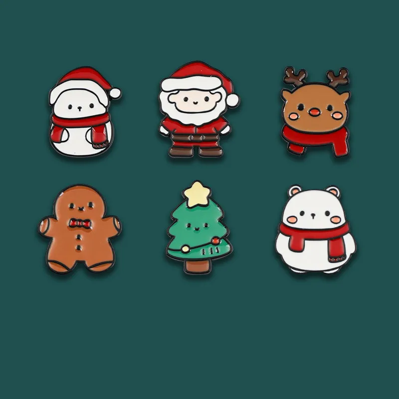 6pcs Christmas Series Brooch Cartoon Cute Santa Claus  Tree Snowman Metal Enamel Badge Sweater Clothing Bag Pin Jewelry