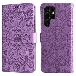 Luxury Sunflower Pattern Leather Case for Galaxy S24 Ultra S23 S22 S21 S20 FE S10 S9 S8 Plus Floral Embossed Magnetic Flip Cover