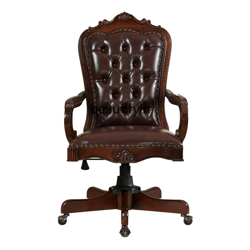 American Genuine Leather Executive  Vintage Engraving Solid Wood Swivel   European Computer Chair Home Office Chair