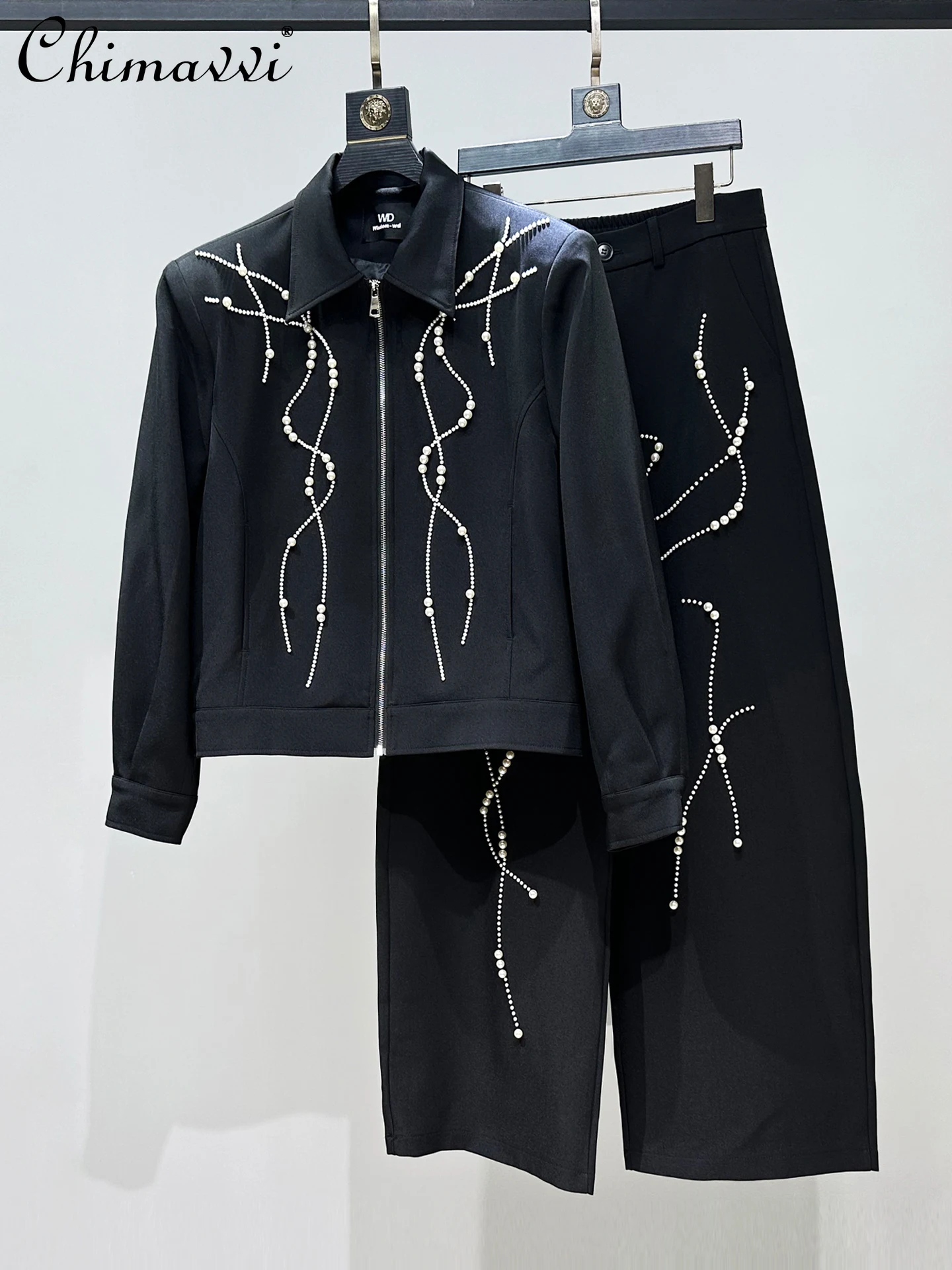 

Осень 2022, повседневная мужская одежда, прямые куртки на молнии с длинными рукавами и бисером, свободные брюки с высокой талией, брюки, мужские комплекты из двух предметов