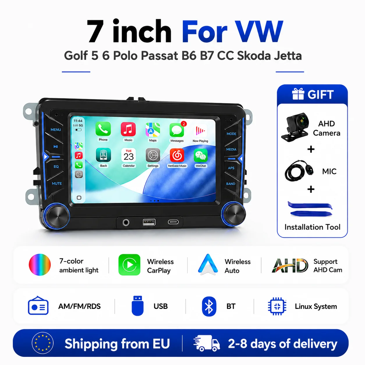 Image of MEKEDE EU-Lager 7'' 9'' Linux-System Kabelloses Carplay Android Auto MP5 Für VW Golf 5 6 Passat Polo 6R Touran Tiguan Caddy EOS Jetta Seat Skoda Unterstützt WIFI BT AHD Rückfahrkamera Plug-and-Play