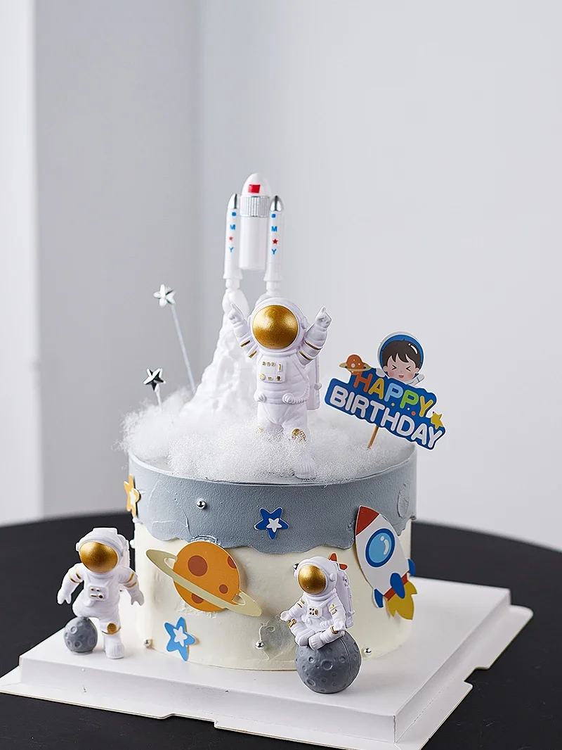 Astronaut Cake Topper Outer Space Birthday Decoration Boy Rocke Astronaut Cake Decoration Planet UFO Kid Party Tools Baby Shower