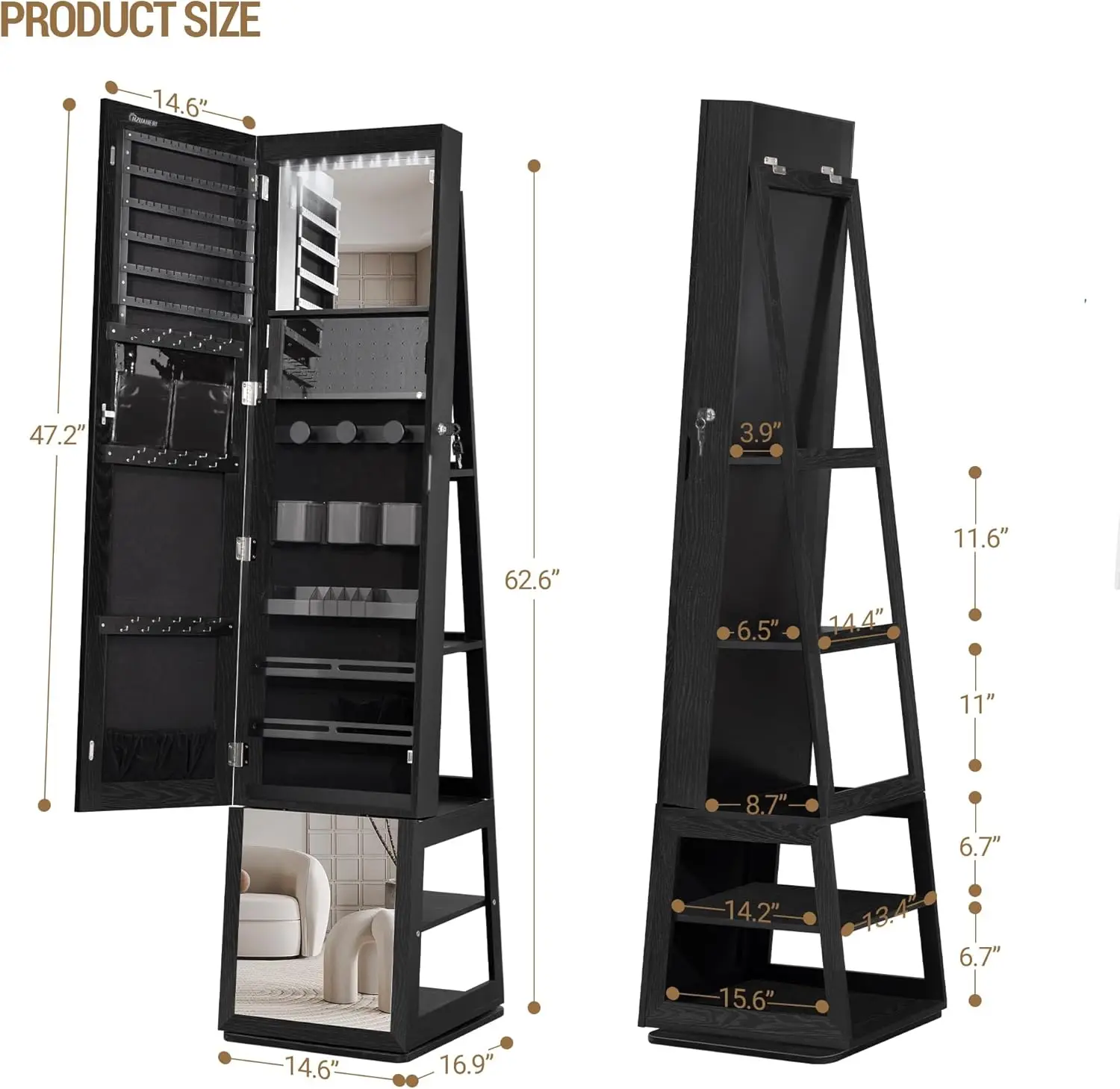 Gabinete de Jóias LED com Base Rotativa Organizador de Jóias Vertical Espelho de Corpo Inteiro Bloqueável 16 LED, 360 °