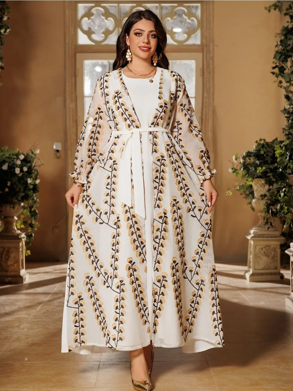 Eid Muslim Abaya Long Dresses Set Turkey Embroidery Sashes Robe Dubai Arabic Jalabiya Party Vestidos Cardigan 2-częściowy zestaw 2024