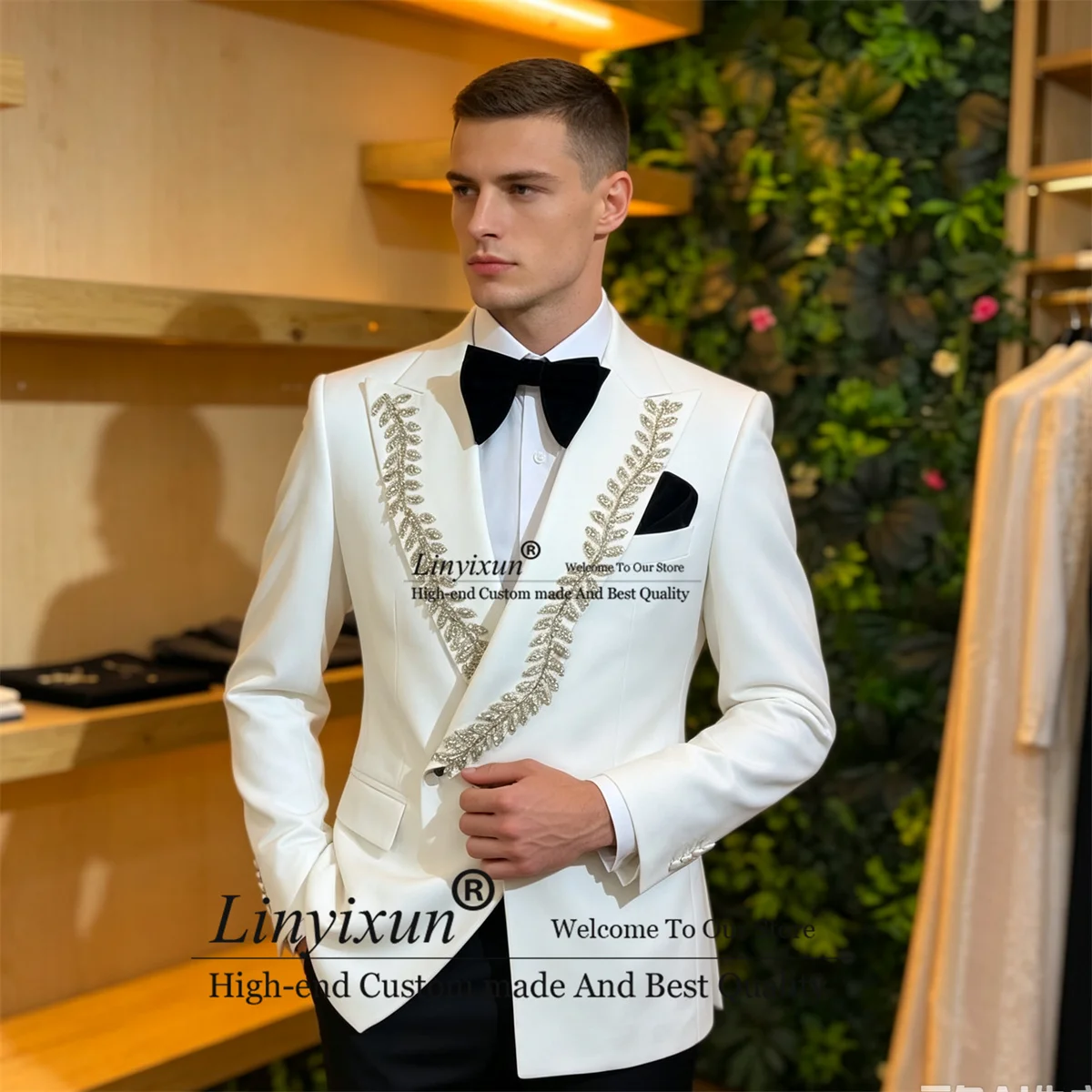 Customized Slim Fit Men Suits Luxury Diamond 2 Pieces Sets Wedding Party ropa hombre Double Breasted Groom Party Male Blazer