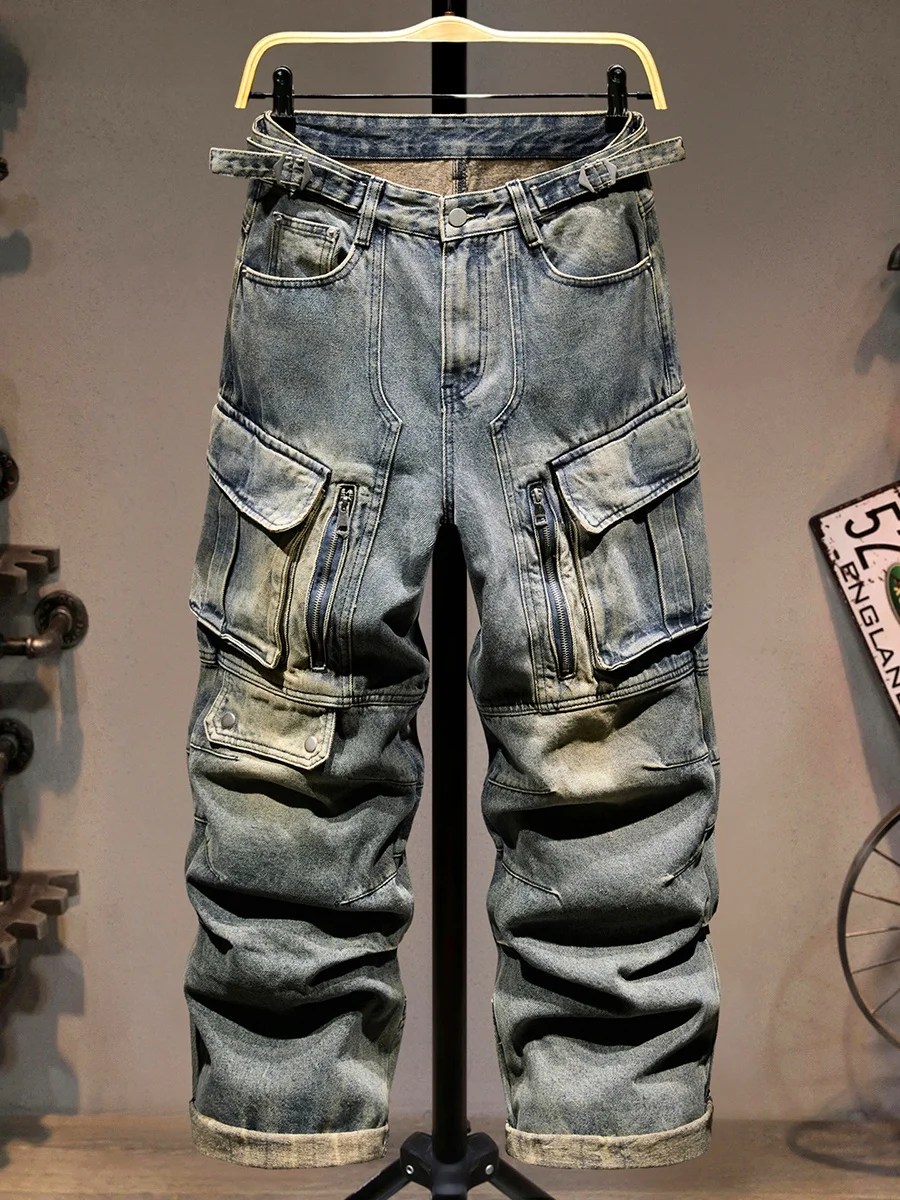 

Американские ретро-джинсы для мужчин: модные свободные прямые брюки, широкие брюки с множеством карманов, повседневные из смесового хлопка