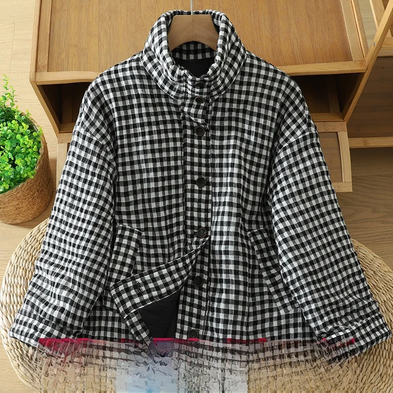 

Classic Plaid Winter Cotton Jaet ort Stand Collar Commute Women's Clothing Thiened Long Sve Straight Cut Sle