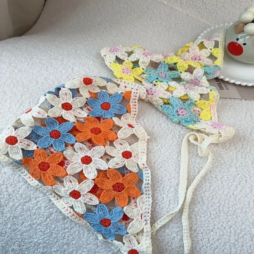 Multicolor Knitting Flower Headband French Retro Pastoral Style Triangular Turban Scarf Travel Beach Little Daisy