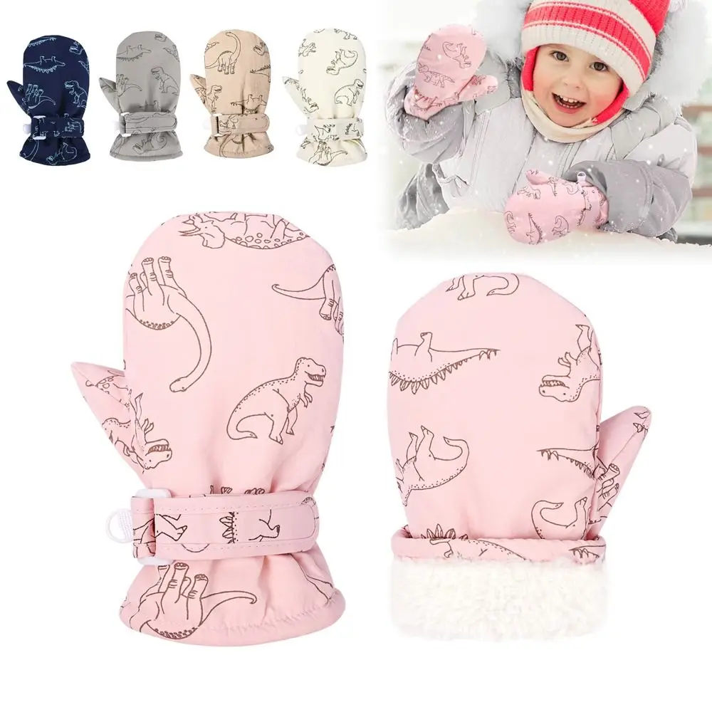 

Waterproof Windproof Skiing Snow Gloves For Kids Toddler Cartoon Dinosaur Print Thickened Fleece Warm Winter Baby Gloves