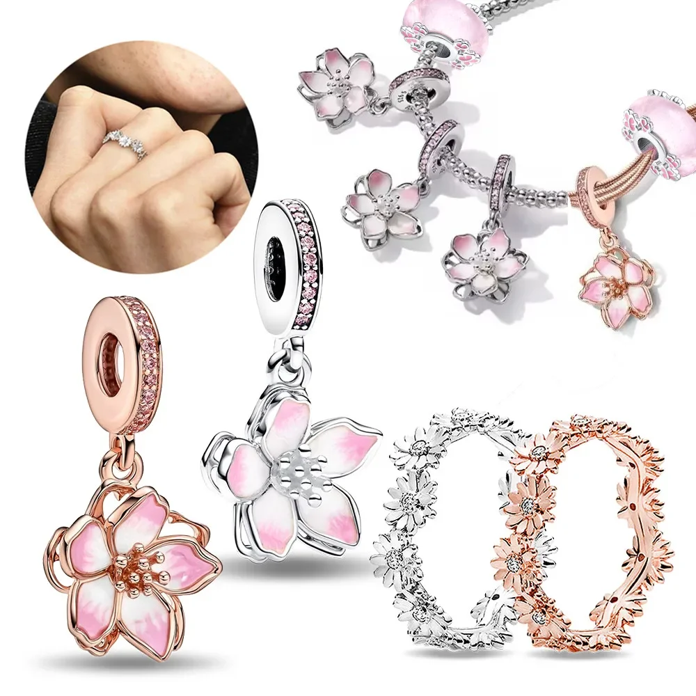 Abalorios de flor de cerezo rosa para mujer, Plata de Ley 925, anillos de flores románticos, Pulsera Original DIY, joyería fina para regalo