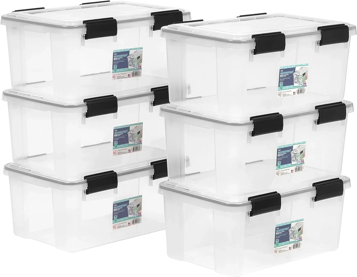 

19 Quart WEATHERPRO Plastic Storage Box with Durable Lid and Seal and Secure Latching Buckles, 6 Pack, Weathertight, Clear/Black