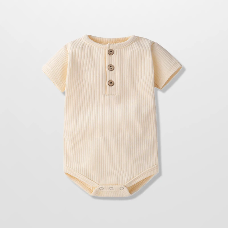 Classic Baby Bodysuit Solid Ribbed Summer Short Sleeve Onesies Unisex Boys Girls Vertical Striped Bodysuits Wood Button