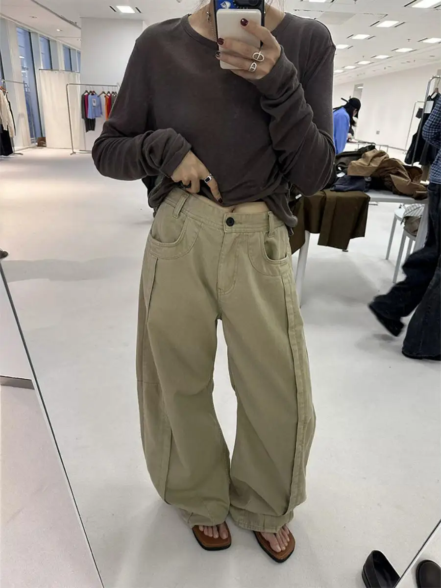  Wide Leg Knife Pants Women's Vintage Distressed Press Line Loose Straight Floor-Length Trousers High Waist Cotton