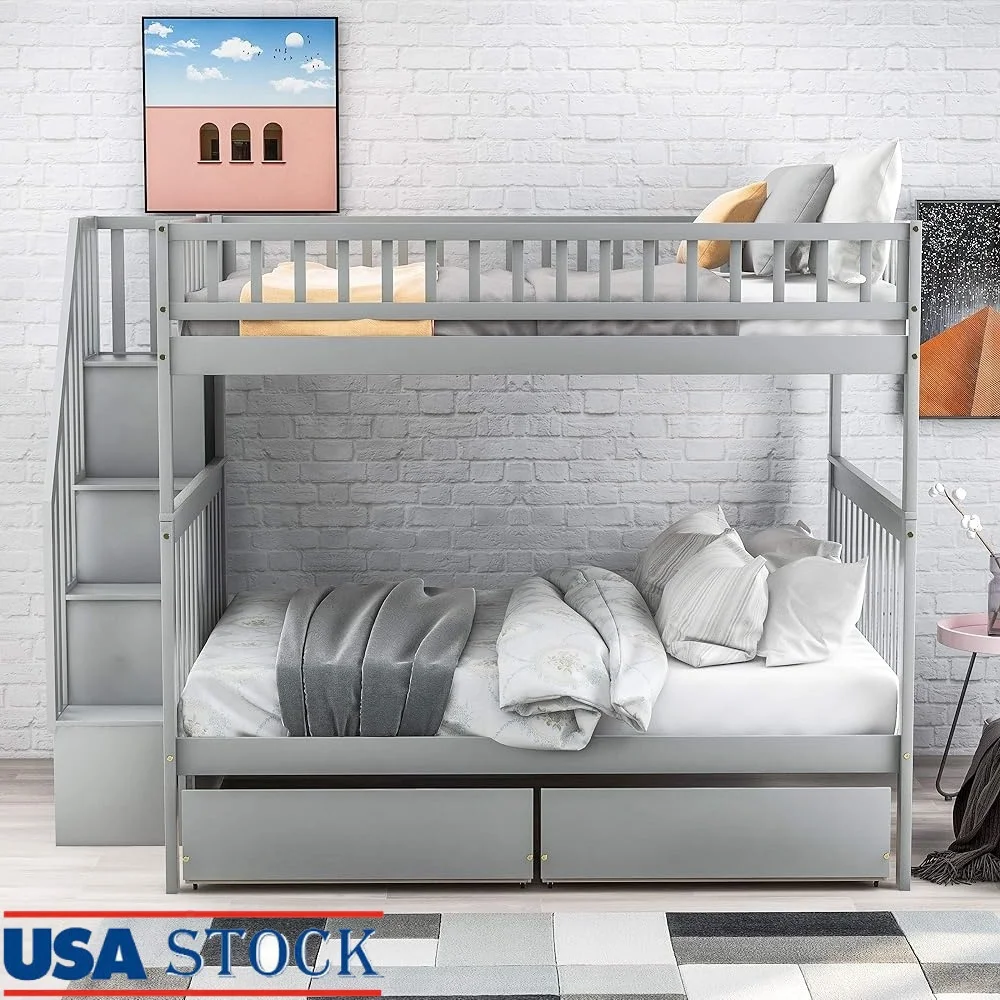 

Full Over Full Bunk Bed with Storage Drawers Safety Guardrail Easy Access Space Saving Wood Design Bedroom Furniture