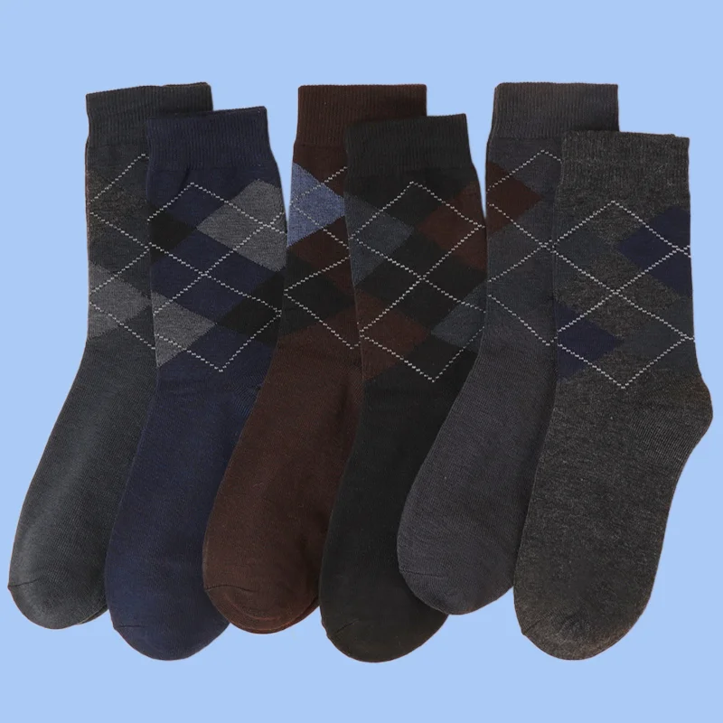 6/12 Pairs Classic Diamond Pattern British Style Large Size Men's Mid-tube Cotton Socks Solid Color Business Men's Socks