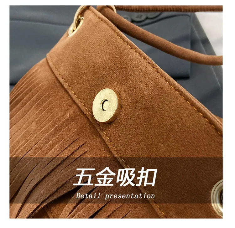 Trendige Leder-Umhängetasche mit Quaste, einfarbig, für Damen, Messenger-Tasche mit Fransen-Design und verstellbarem Riemen, Alltags-Umhängetasche – Detail 4