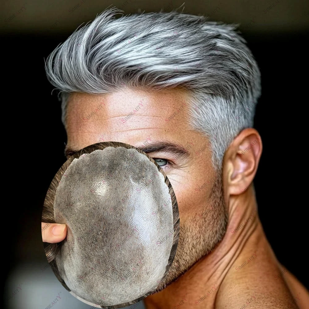 

Мужской парик из натуральных волос 1B черного цвета с 20%, 30%, 50%, 65% седыми волосами, система капилярного протезирования, парик с естественной линией роста волос и эффектом волнистого края