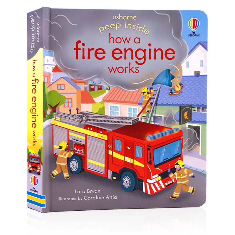 Usborne Peep Inside How A Fire Engine يعمل باللغة الإنجليزية تعلم رفرف كتاب صور تعليمي ثلاثية الأبعاد رفرف قراءة الصور