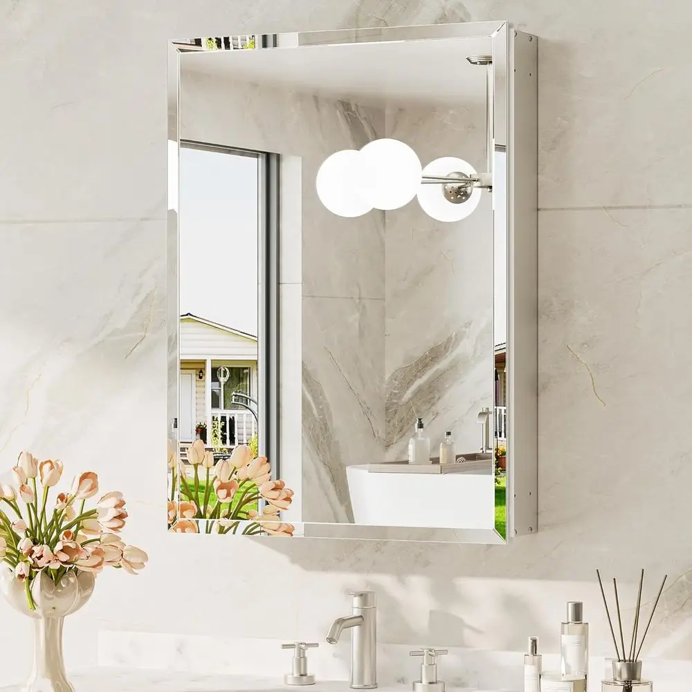 20 x 28 Silver Medicine Cabinet with Tempered Beveled Mirror, Adjustable Shelves, DTC Hinge, Recessed/Wall Mount