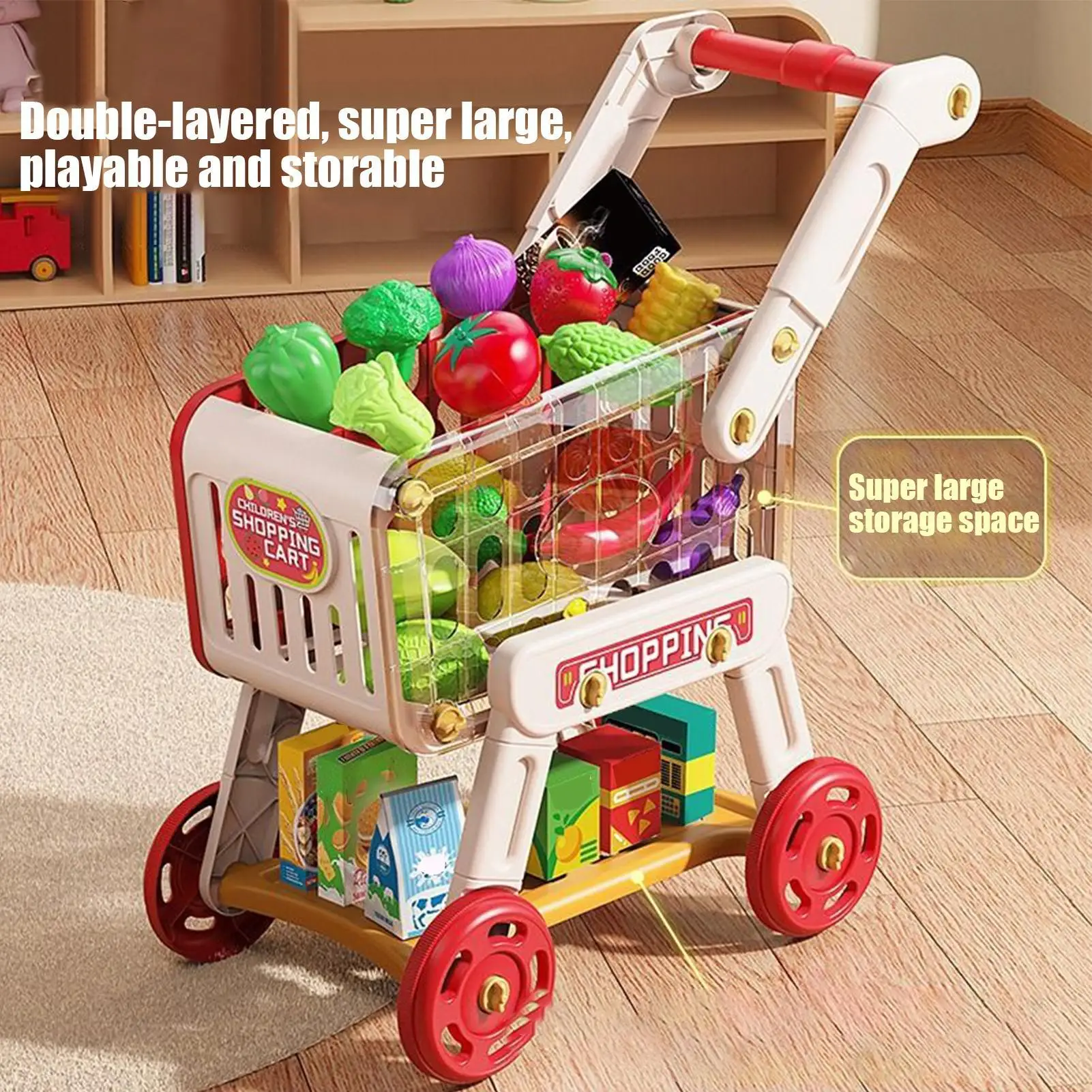 Carrito de compras para niños, carrito de comestibles de juguete, accesorios de cocina, juego de simulación, juguetes educativos, comida falsa para niños y niñas