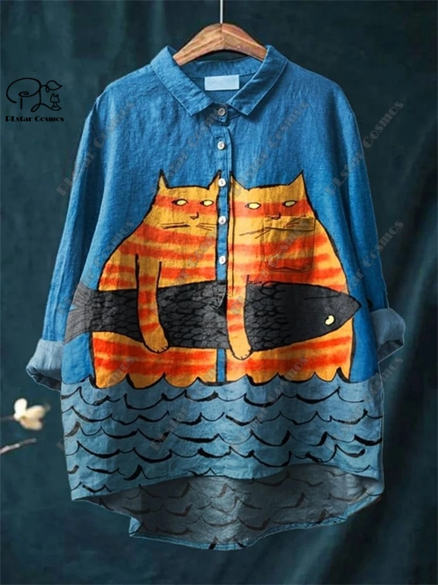 PLSTAR COSMOS new 3D printed retro and cute floral animal printing ladies entertaining leisure and loose open -tube shirt D-10