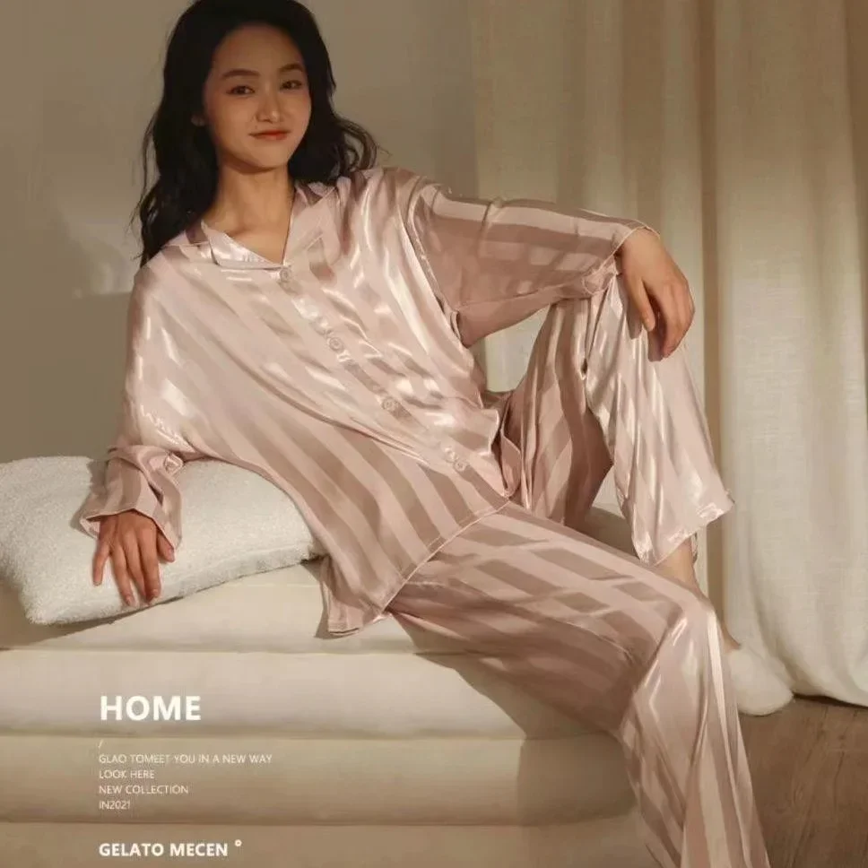 Sleepwear Summer Wear New Women\'s Youth Stripe Ice Silk Thin Short Sleeved Trousers Sets Pajamas Home Clothing Set Femme