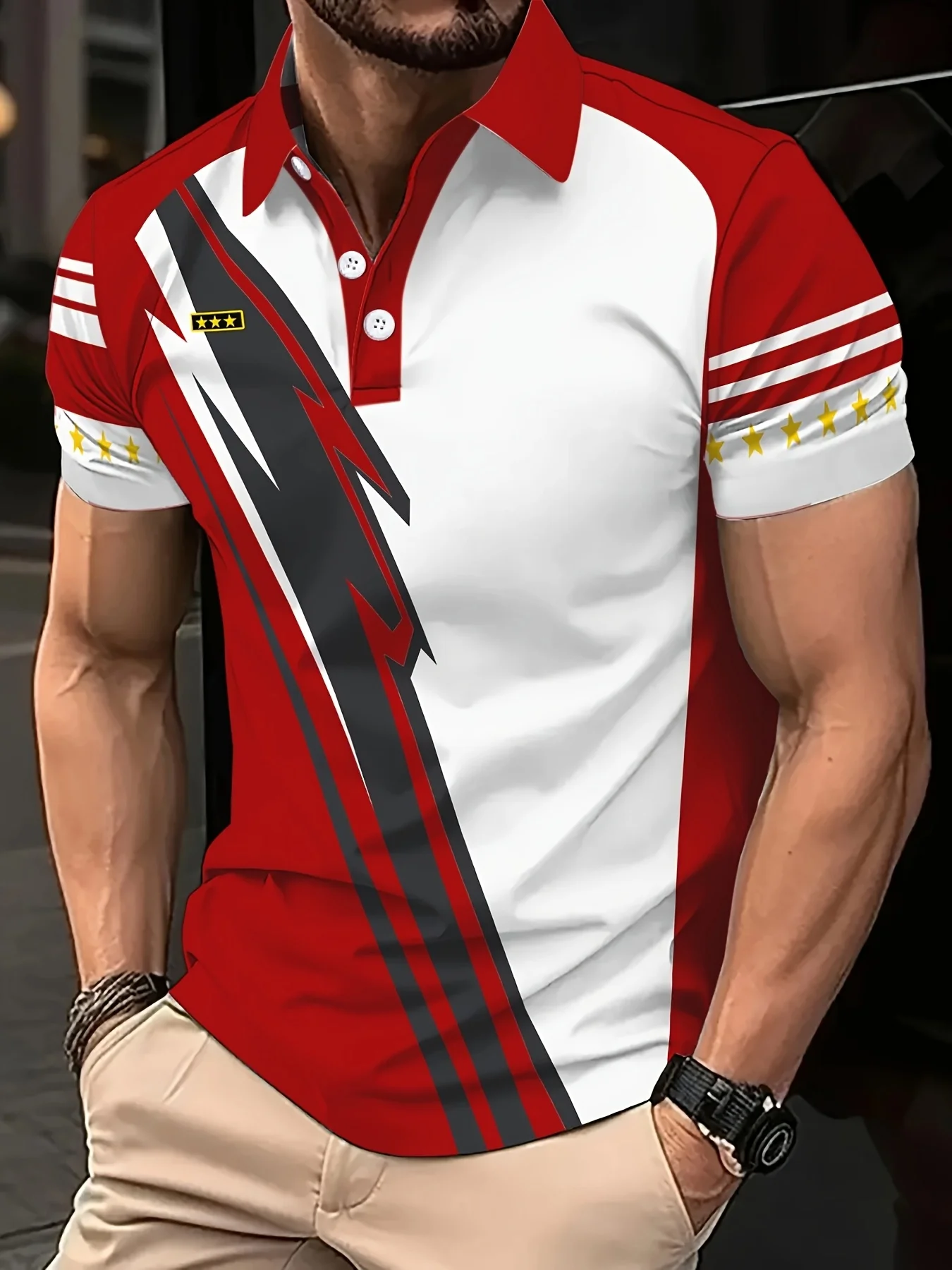 New men's short-sleeve polo shirt T-shirt, loose-fitting and tailored with printed patterns, versatile basic crew-neck top suita
