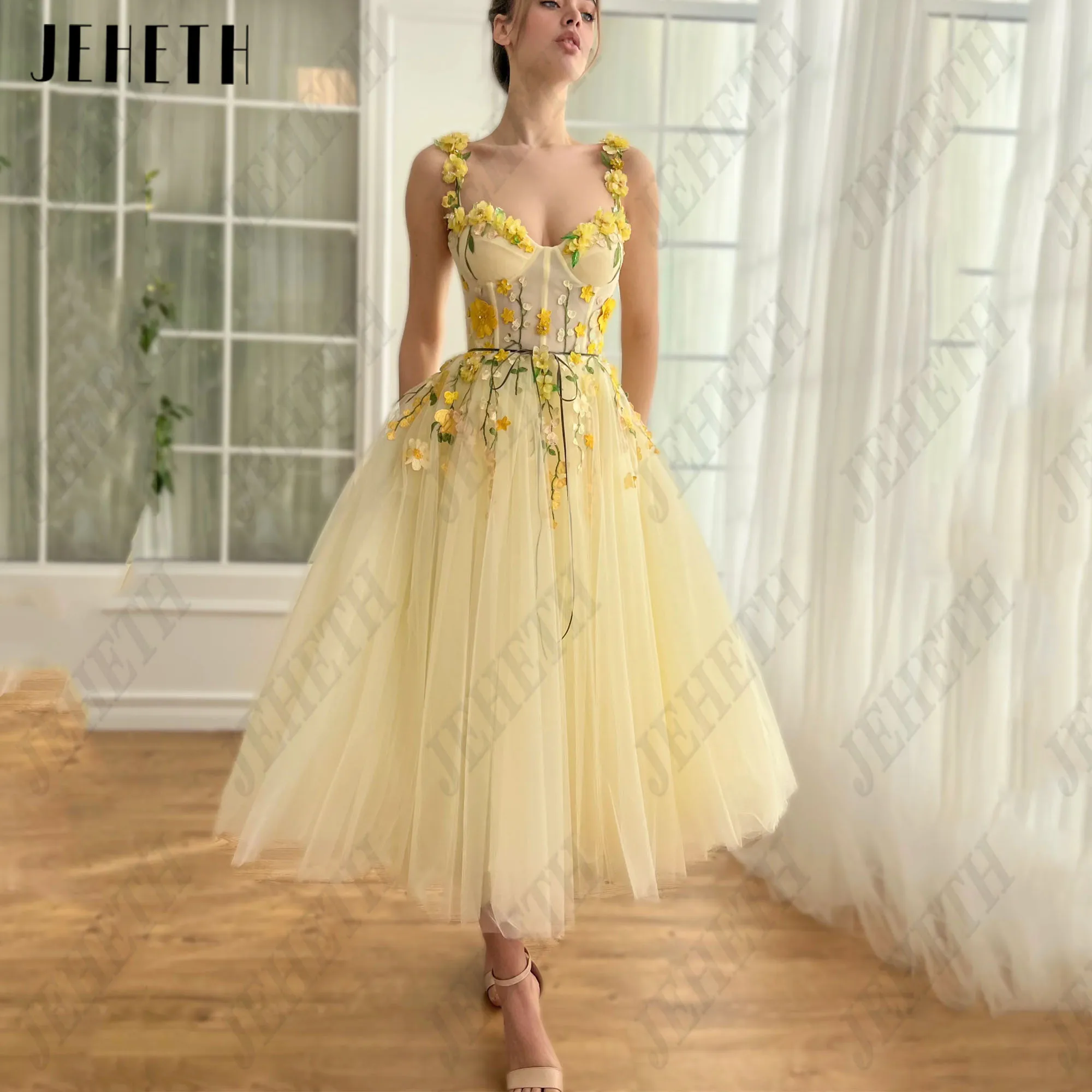 JEHETH Prom Party Gowns Sweetheart Spaghetti Straps A-Line 3D Flowers Ankle Length Sleeveless Tulle Formal Occasions Dress